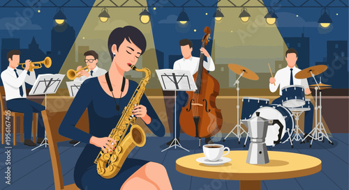 Woman playing saxophone in a jazz band performance.
