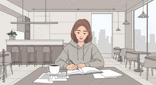 Young woman studying diligently at a cafe table.