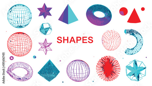 Geometric Harmony: A vibrant graphic showcasing a spectrum of geometric shapes, including spheres, pyramids, and stars, each imbued with unique textures and colors, all arranged against a clean.