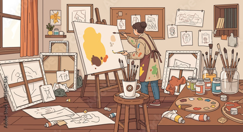 Artist painting on easel in studio.