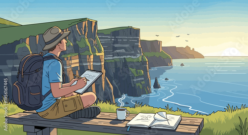 Artist sketching scenic coastal view on a sunny day.