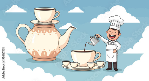 Chef pouring coffee into a cup with teapot and cups.