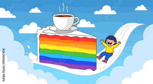 Child sliding down rainbow cake with coffee.
