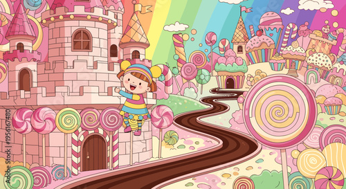 Cute cartoon girl with colorful striped shirt and balloons.