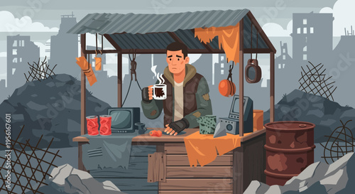 Man holding cup in makeshift shelter amidst urban decay.