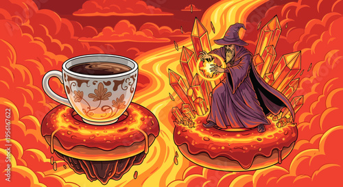 Mysterious Wizard Holding Glowing Orb Beside Coffee Cup.