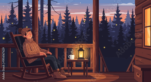 Person relaxing in rocking chair on porch.