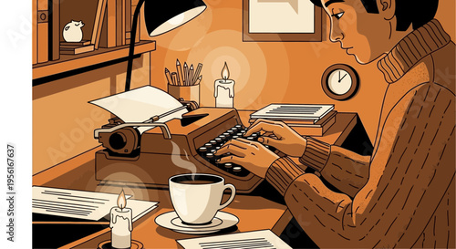 Person typing on vintage typewriter at desk with coffee.