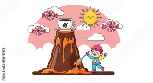 Volcano erupting hot chocolate with coffee cup and child.
