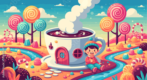 Whimsical Candy Land Scene With A Cozy Coffee Cup House.
