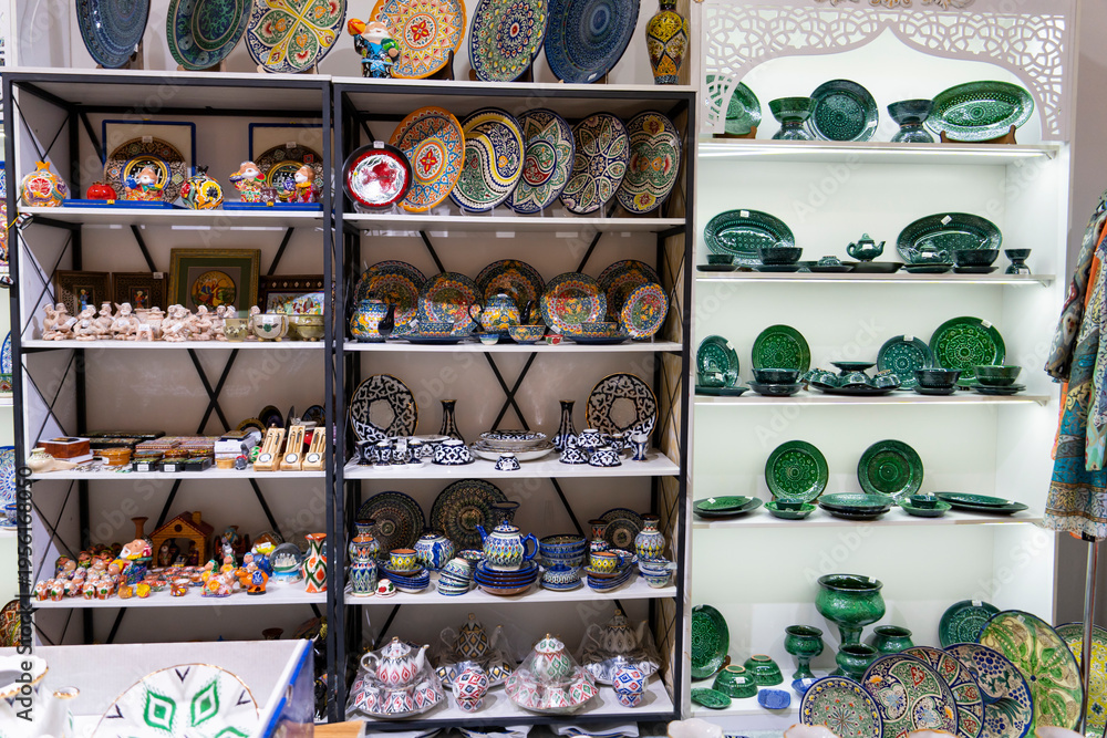 Fototapeta premium Traditional Uzbek Ceramics and Colorful Textiles