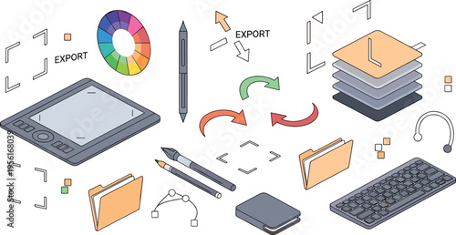 Graphic Design Workspace Icon Set with Drawing Tablet Color Wheel Export Arrows Layers Keyboard Stylus Folder and Creative Digital Interface Vector Illustration Collection