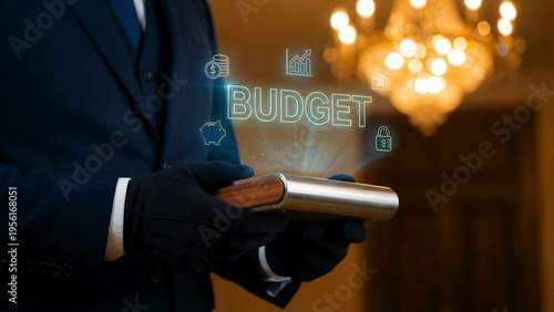 A formally dressed professional wearing black gloves utilizes an advanced futuristic device displaying glowing holographic icons related to secure financial budget management within an upscale