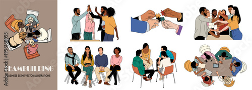 Set of Teambuilding business scene vector illustrations isolated on transparent background. Colored outline hand drawn modern sketch designs.