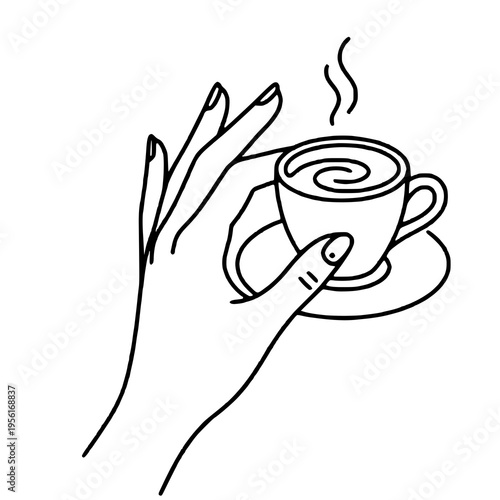 Elegant line art illustration of a hand holding a coffee cup on a saucer, ideal for cafe, lifestyle, coffee shop, and beverage themed designs.