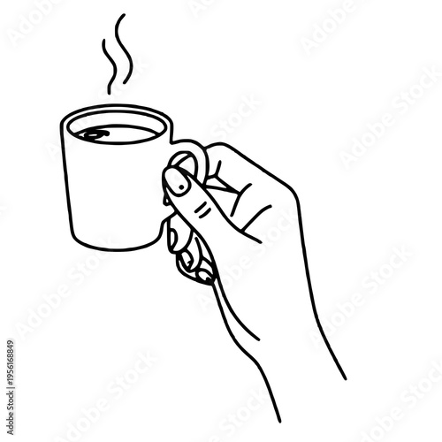 Clean line art illustration of a hand holding a steaming mug, ideal for coffee, tea, beverage, and cozy lifestyle themed designs.