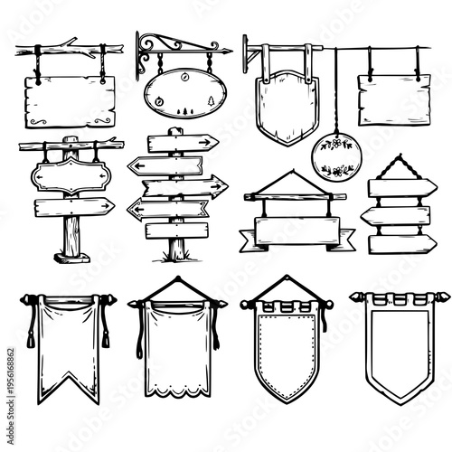 Collection of hand-drawn vintage wooden signpost and banner elements, ideal for direction, travel, rustic, and decoration themed designs.