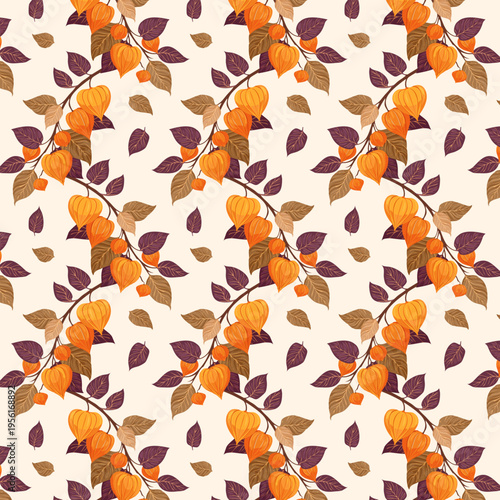 A tropical plant with bright orange capsules.Vector seamless pattern with physalis fruits on branches.
