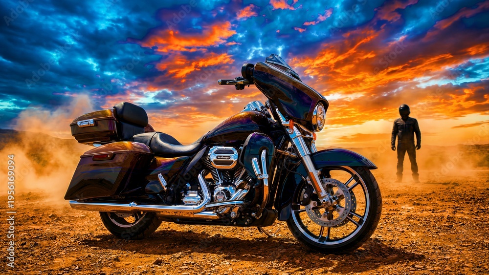 Obraz premium A powerful touring motorcycle featuring deep iridescent paint rests on rugged terrain beneath a dramatic, vibrant sunset sky.