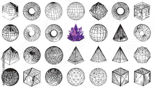 Geometric Shapes Array: A collection of various meticulously sketched geometric shapes and crystal, showcasing mathematical design and precision, suitable for educational or design projects.