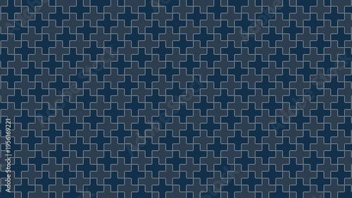 Japanese traditional Sashiko Juji Tsunagi pattern, indigo color palette, 16:9 ratio background