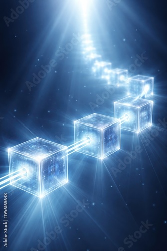 Glowing transparent cubes connected by lines illustrate blockchain technology, symbolizing data flow and secure transactions in a futuristic digital space