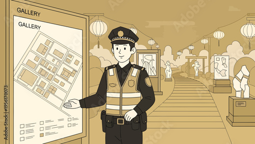 A security guard in uniform points to a map.
