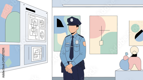 Museum Security Guard Standing Watch Over Art Exhibition.