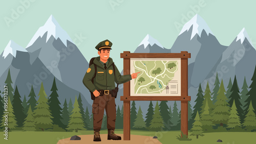 Park Ranger Explaining Trail Map in Mountainous Landscape.