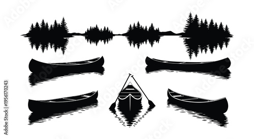 Serene lake scene featuring silhouetted canoes and distant forested islands