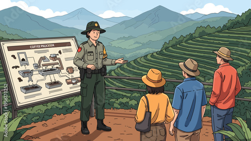 Park Ranger Explains Information Board to Tourists.