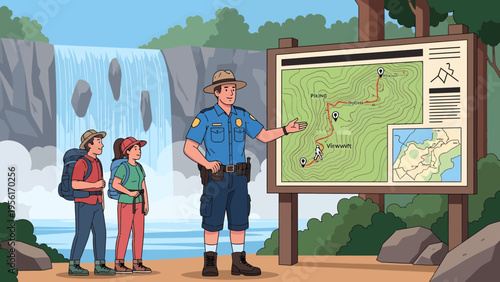 Park Ranger Explains Trail Map to Hikers.