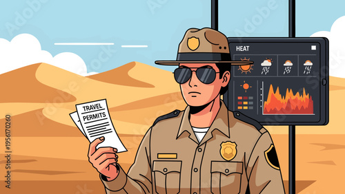 Park Ranger Holding Travel Permits in Desert Landscape.
