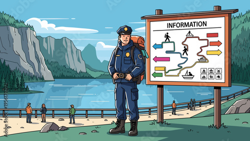 Park Ranger Standing Next to Information Board.