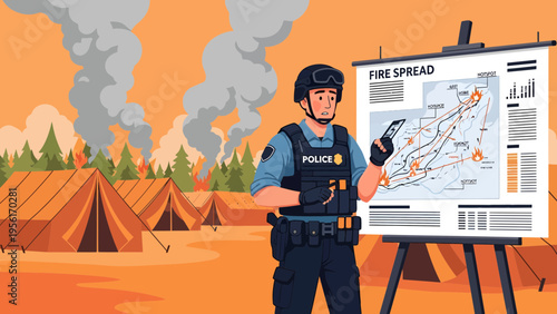 Police officer analyzing fire spread map at disaster scene.