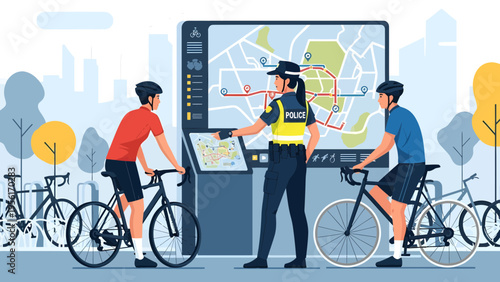 Police Officer Assisting Cyclists with Map Information.