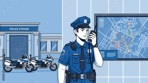 Police Officer Communicating on Radio at Station.