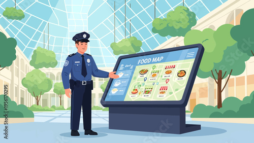 Police officer assisting with digital map information kiosk.