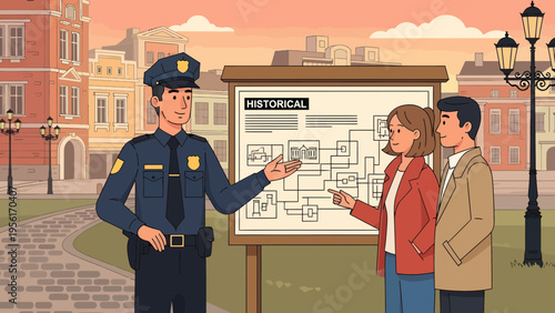 Police Officer Explains Information to Tourists.