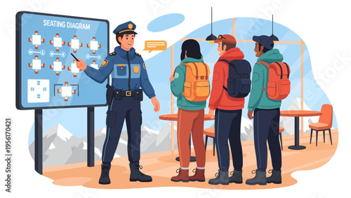 Police officer explaining travel safety to tourists.