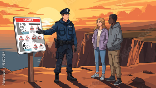 Police officer explains safety rules to tourists at cliff edge.