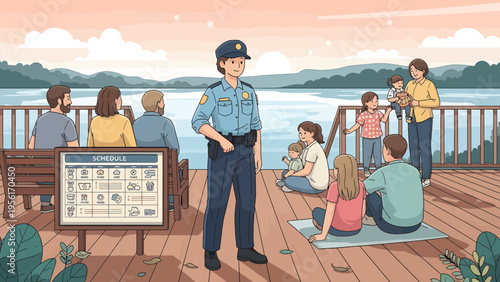 Police Officer Giving Safety Briefing to Community Members Outdoors.