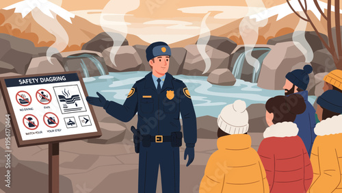Police officer giving safety briefing to tourists near hot springs.