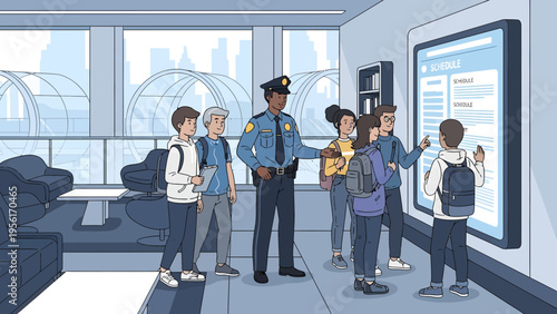 Police officer guiding students at a digital display.