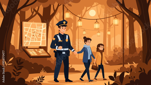 Police officer guiding two women through a park.