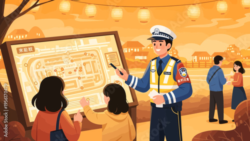 Police officer guiding tourists at a map display.