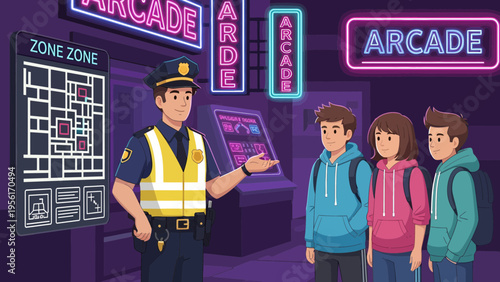 Police officer guiding young people at arcade entrance.