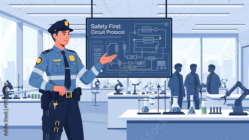 Police Officer Presenting Safety Protocol in Laboratory Setting.