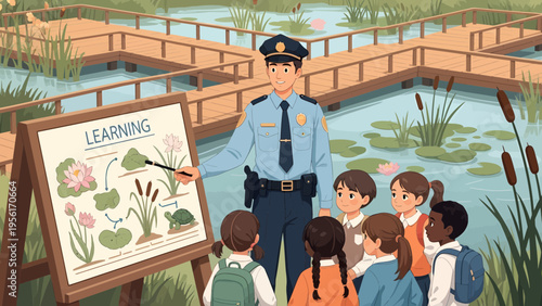Police Officer Teaching Children About Nature.