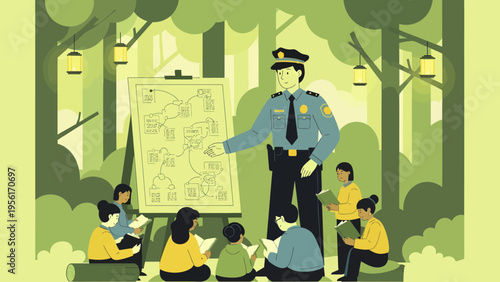 Police officer teaching children outdoors about safety.